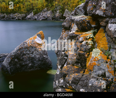 MINNESOTA - Moss covered rock along the shore of Lake Superior at Split Rock Lighthouse State Park. Stock Photo