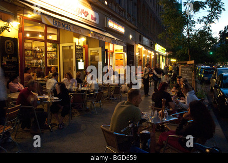 Bergmannstrasse with cafes & restaurants by night, very popular street in Berlin's Kreuzberg district, Berlin, Germany, Europe. Stock Photo
