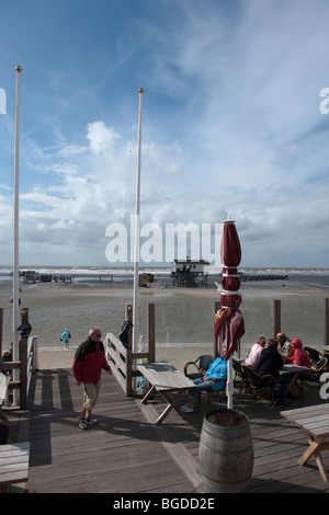 Cafe in a house built on stilts above the flooded beach of St. Peter-Ording, North Sea, North Frisia, North Germany, Germany, E Stock Photo