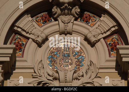 Ornamentation with a mosaic above the entrance of the west facade of Monte Carlo Casino and Opera House built in the style of t Stock Photo