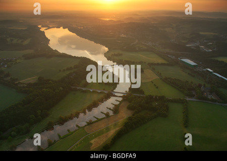 Aerial photo, Ruhr river, Stiepel, Kemnader Stausee reservoir, Ruhr river valley, groynes, sunrise, Witten, Ruhrgebiet area, No Stock Photo