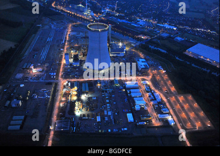Aerial photo, coal power plant, building freeze, EON Kraftwerk Datteln 4 power station, cooling tower, Emscher-Lippe, Datteln,  Stock Photo