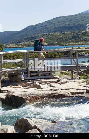 Young woman hiking, backpacking, crossing a wooden bridge, hiker with backpack, historic Chilkoot Pass, Chilkoot Trail, Deep La Stock Photo