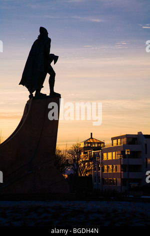 Statue of Leifur Eiriksson (Leif Ericson) at sunset. In front of Hallgrimskirkja church, downtown Reykjavik, Iceland. Stock Photo