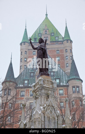 Snowing on Chateau Frontenac in Old Quebec City Stock Photo