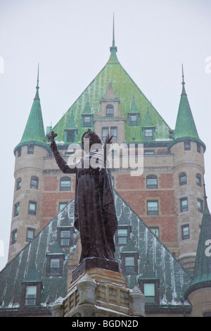 Snowing on Chateau Frontenac in Old Quebec City Stock Photo