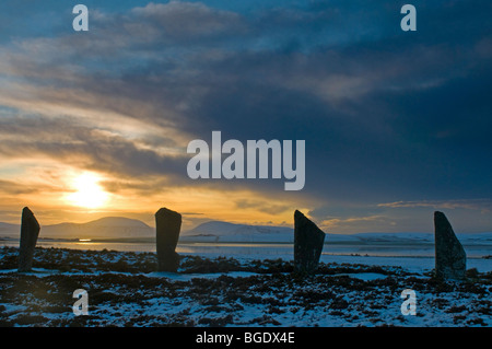Sundown over Hoy from the Ring of Brodgar Steness Mainland Orkney Highland Region Scotland. SCO 5710 Stock Photo
