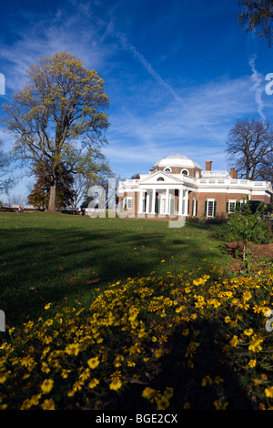 Monticello, home of Thomas Jefferson with yellow flowers in garden, Charlottesville, Virginia, USA. Stock Photo