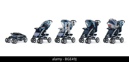 Modern convertible baby stroller sequence of images isolated on white background Stock Photo