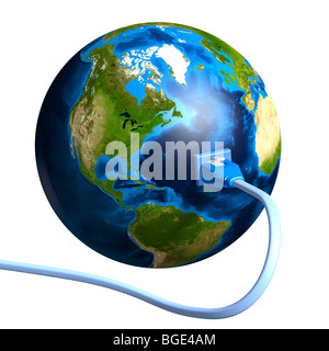 Network cable plugged into the Earth globe. Conceptual 3D illustration. Stock Photo