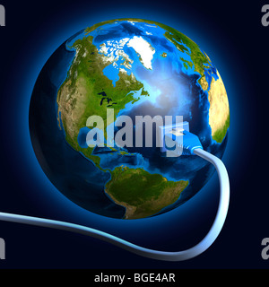 Network cable plugged into the Earth globe. Conceptual 3D illustration. Stock Photo