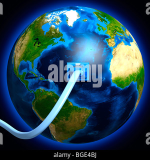 Network cable plugged into the Earth globe. Conceptual 3D illustration. Stock Photo