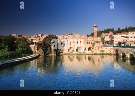 Syria, Hama old Town, An-Nuri Mosque and 13th Century Norias (Water Wheels) Stock Photo