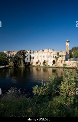 Syria, Hama old Town, An-Nuri Mosque and 13th Century Norias (Water Wheels) Stock Photo