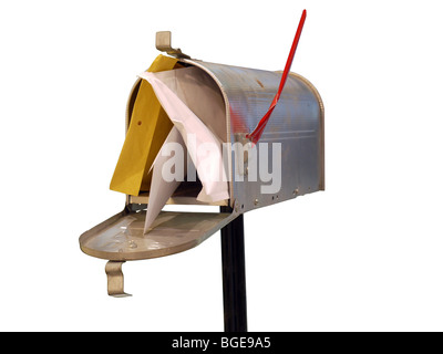Classic American metal mailbox with red flag staffed with letters Stock Photo