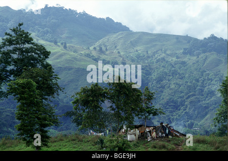 The 1999 earthquake in Colombia was the strongest to strike Colombia for 16 years. A family set up temporary home outside town. Stock Photo