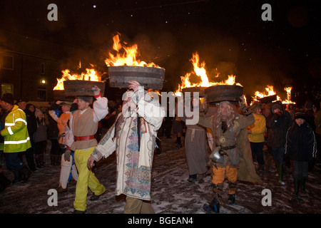 New Year tar barrel procession, Allendale, Northumberland, UK. Stock Photo