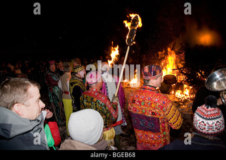 The Baal fire (bonfire), culmination of the New Year tar barrel procession , Allendale, Northumberland, UK. Stock Photo