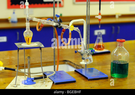 School chemistry apparatus on bench Stock Photo