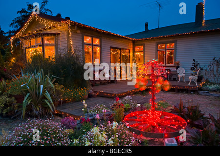 Christmas Lights, 2006, at Les and Bev Pickworth's house, Pukeuri, East Coast, South Island, New Zealand., Property Released, Stock Photo