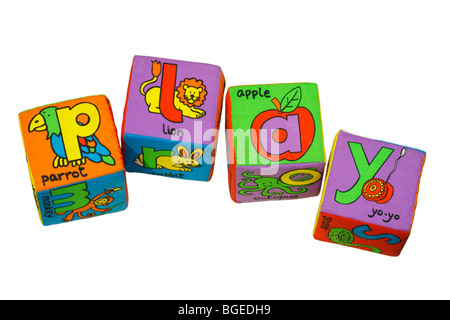 Alphabet blocks isolated on white spelling the word play Stock Photo