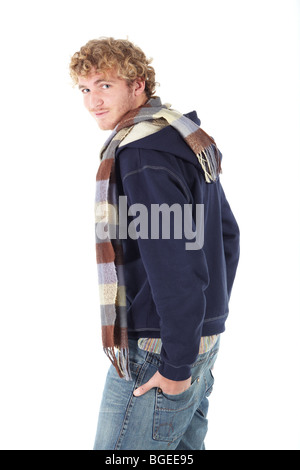 Portrait of handsome Caucasian man wearing casual winter clothes on white background. Stock Photo