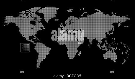 World map created with a pattern of white dots on a black background. Stock Photo