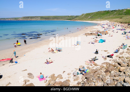 Sunbathers on Sennen Beach, Cornwall, England, UK Stock Photo