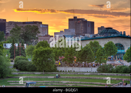 Sunset over the Market and Marina at The Forks, a National Historic Site in the City of Winnipeg, Manitoba, Canada. Stock Photo