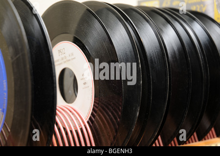 45rpm discs in a rack Stock Photo