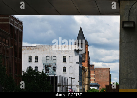 Old buildings and the abandoned Pythian Castle along Jefferson Ave in Toledo, Ohio Stock Photo