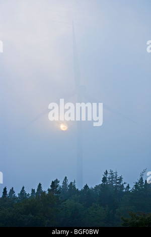 Windmill appearing from behind a veil of fog with the sun glowing behind at the Pubnico Point Wind Farm on a foggy evening in Lo Stock Photo