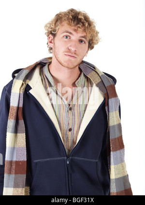 Portrait of handsome Caucasian man wearing casual winter clothes on white background. NOT ISOLATED Stock Photo