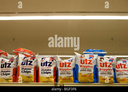 Potato chips on display in a grocery store.  Stock Photo