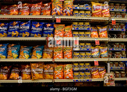 Potato chips on display in a grocery store.  Stock Photo