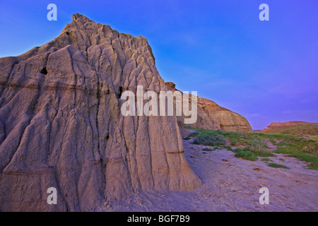 Formations of Castle Butte during dusk in Big Muddy Badlands, Southern Saskatchewan, Canada. Stock Photo