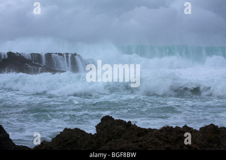 Enormous waves pounded the coast at Shark's Cove on the North Shore of O'ahu, Hawaii, on December 25, 2009 Stock Photo