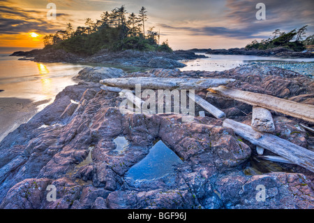 Driftwood strewn over a rocky outcrop along South Beach at sunset, Pacific Rim National Park, Long Beach Unit, Clayoquot Sound U Stock Photo