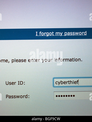 computer screen showing logon page with user id of cyberthief Stock Photo