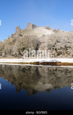 Dryslwyn Castle covered in snow reflected in Afon Tywi Towy River Carmarthenshire Wales Cymru UK GB Stock Photo