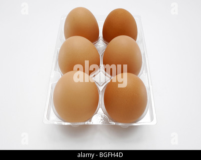 Six farm fresh brown chicken eggs in a plastic carton Stock Photo