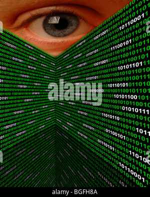 A large eye peering over walls of binary code Stock Photo