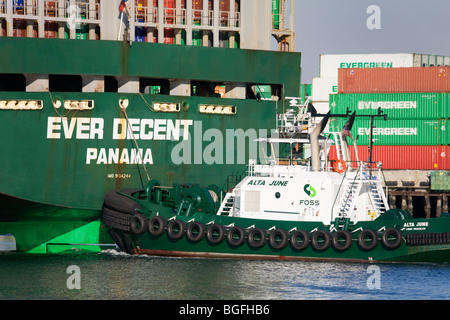 Tugboat & Container Ship, San Pedro Port, Los Angeles, California, USA Stock Photo