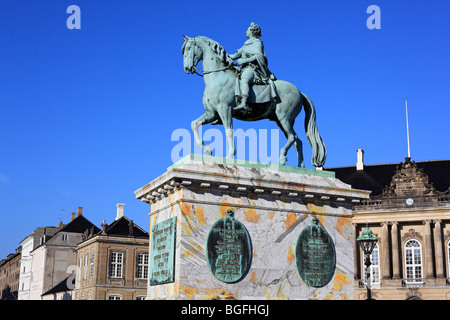 Equestrian statue of King Frederik V, Amalienborg Palace, Copenhagen, Denmark Stock Photo
