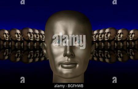 Silver mannaquin head flanked by two groups of heads opposite one another on a reflective black surface with a blue background Stock Photo