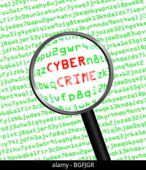 The words Cyber Crime revealed in computer machine code through a magnifying glass in high key Stock Photo