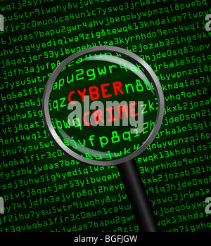 The words Cyber Crime revealed in computer machine code through a magnifying glass Stock Photo