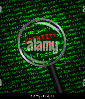 The words Identity Theft revealed in computer machine code through a magnifying glass Stock Photo