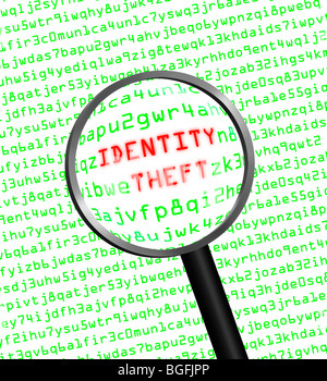 The words Identity Theft revealed in computer machine code through a magnifying glass in highkey Stock Photo
