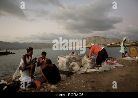 Women selling clothes at the port in Gonaives, Artibonite Department, Haiti Stock Photo